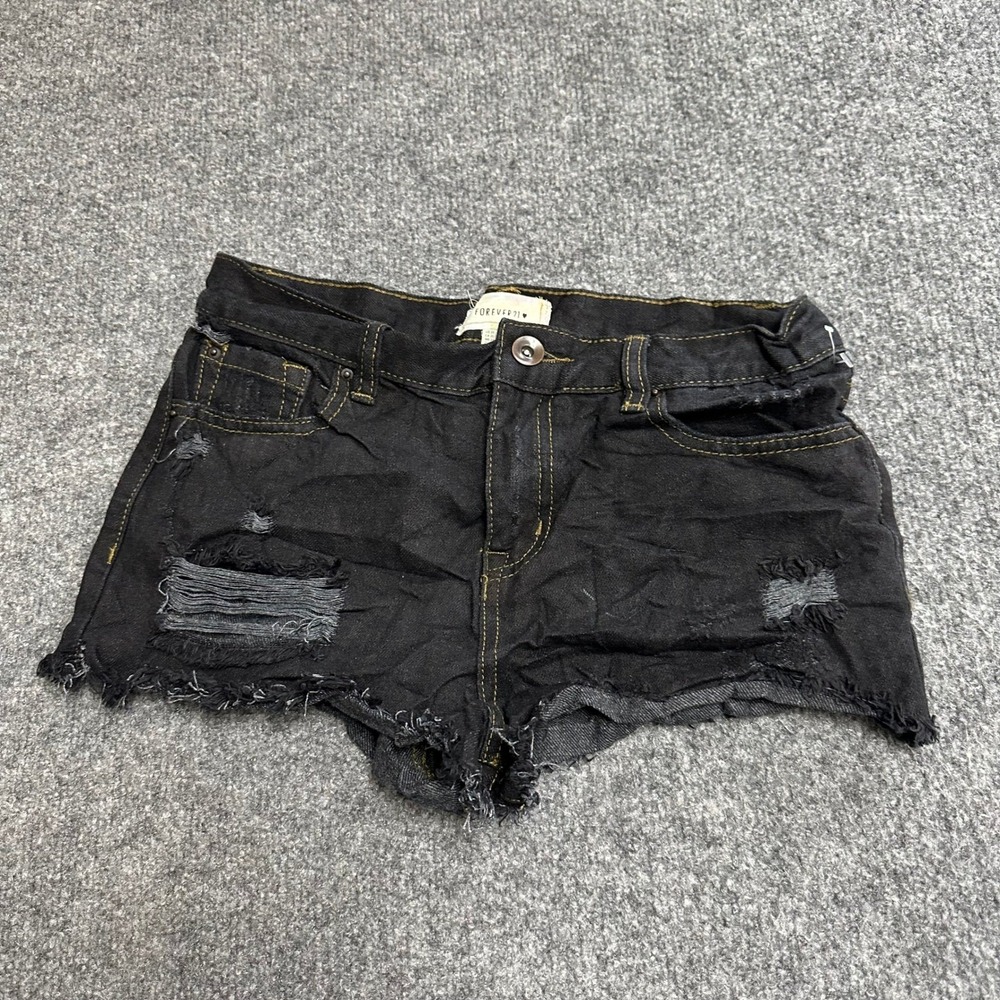 Forever 21 Shorts Womens Size 25 Black Distressed Frayed Hem Cotton Blend Denim